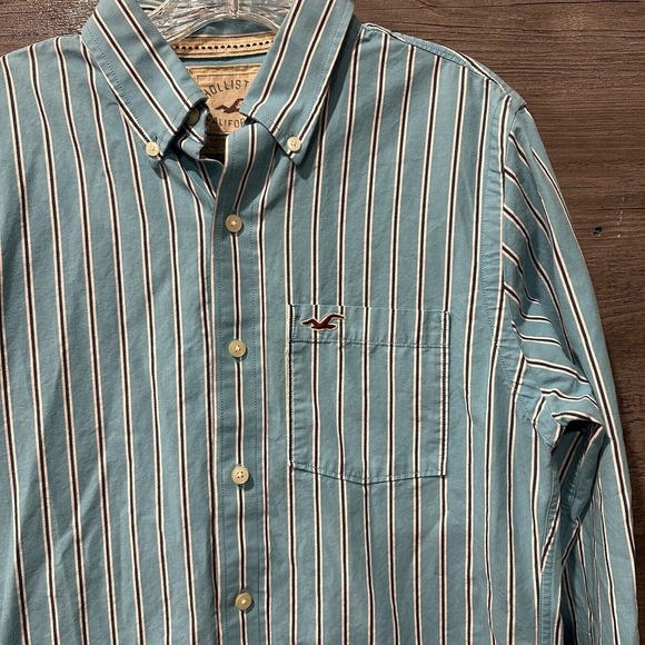 Vintage Hollister Mens Medium Blue White Striped Long Sleeve Button Up Y2K - Picture 2 of 7